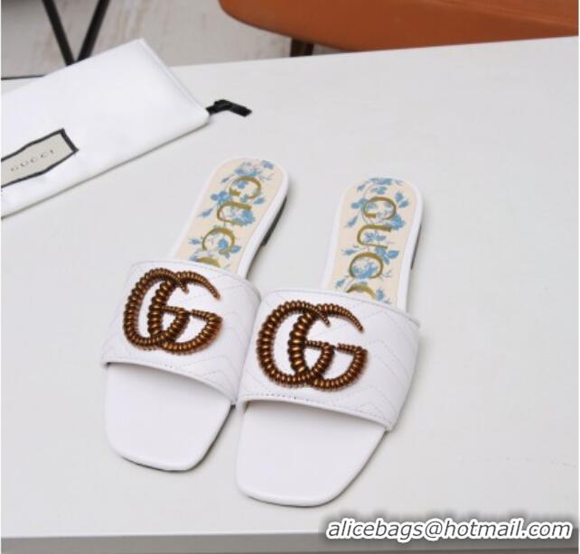 Cheapest Gucci Calfskin Flat Slide Sandals with Aged Gold GG 012501 White