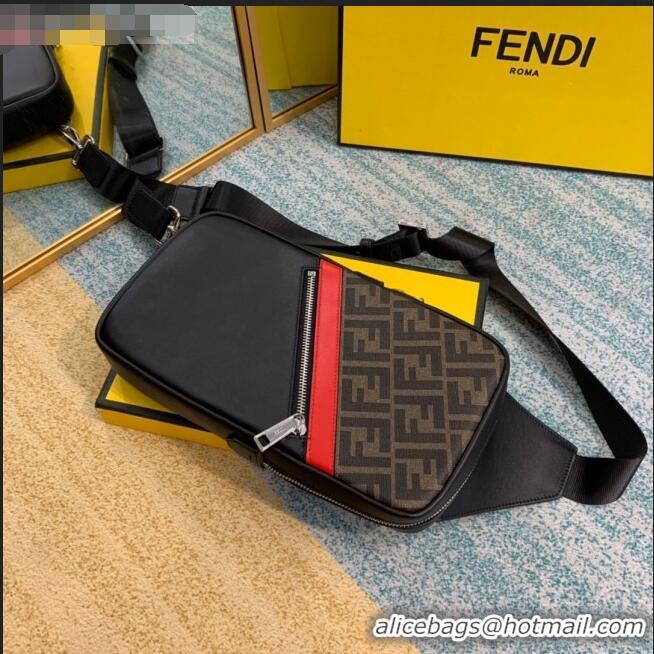 Buy Classic Fendi Men's Sling Shoulder Bag in Leather and Brown FF Canvas F0453 Black/Red 2020