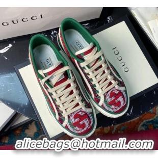 Unique Grade Gucci Tennis 1977 Low-Top Sneakers in Houndstooth and Stripe Wool 012571 Green/Red