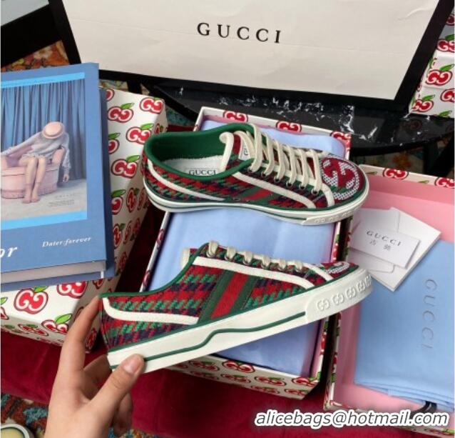 Unique Grade Gucci Tennis 1977 Low-Top Sneakers in Houndstooth and Stripe Wool 012571 Green/Red