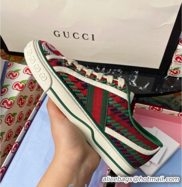 Unique Grade Gucci Tennis 1977 Low-Top Sneakers in Houndstooth and Stripe Wool 012571 Green/Red