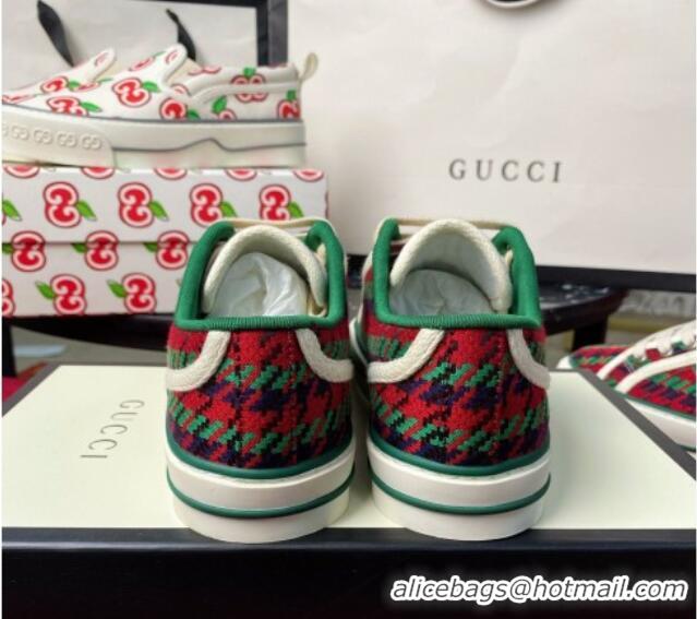 Unique Grade Gucci Tennis 1977 Low-Top Sneakers in Houndstooth and Stripe Wool 012571 Green/Red