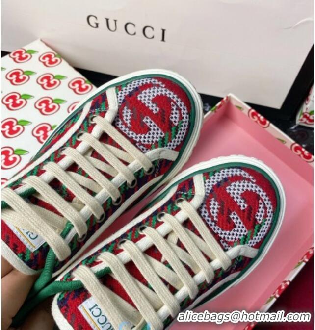 Unique Grade Gucci Tennis 1977 Low-Top Sneakers in Houndstooth and Stripe Wool 012571 Green/Red