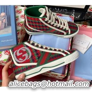 Good Quality Gucci Tennis 1977 High-Top Sneakers in Houndstooth and Stripe Wool Green/Red 