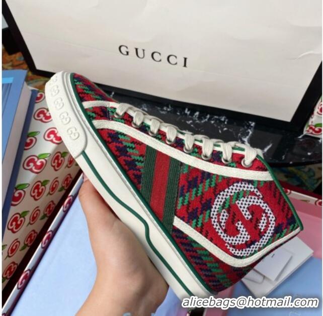 Good Quality Gucci Tennis 1977 High-Top Sneakers in Houndstooth and Stripe Wool Green/Red 