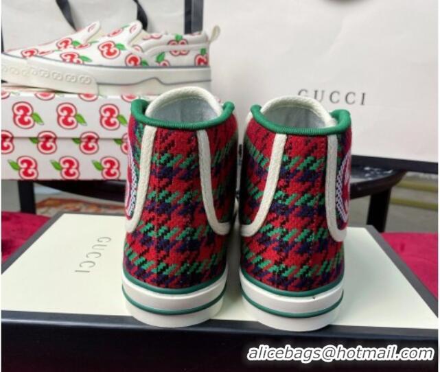 Good Quality Gucci Tennis 1977 High-Top Sneakers in Houndstooth and Stripe Wool Green/Red 