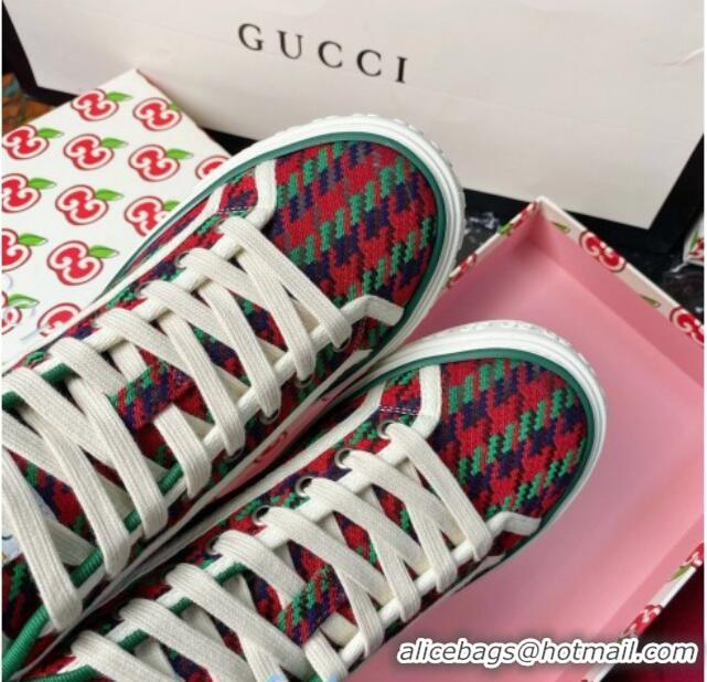 Good Quality Gucci Tennis 1977 High-Top Sneakers in Houndstooth and Stripe Wool Green/Red 