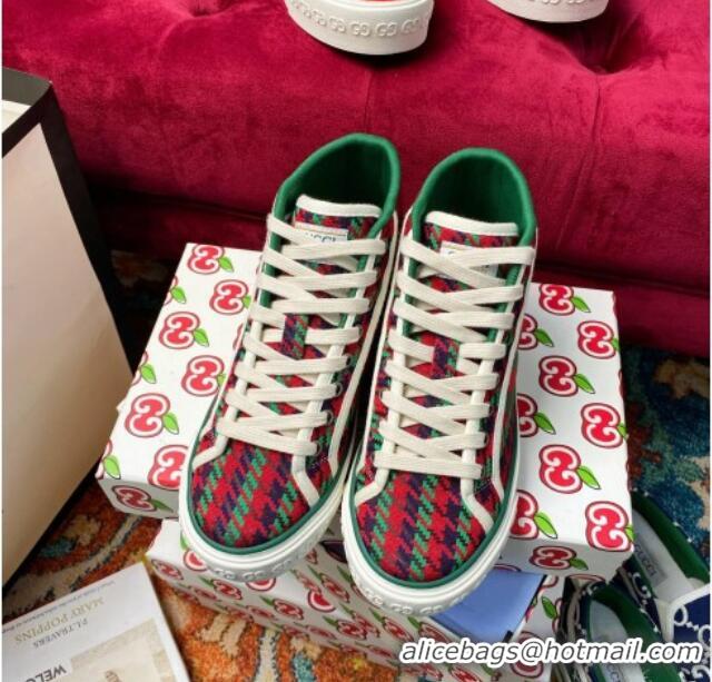 Good Quality Gucci Tennis 1977 High-Top Sneakers in Houndstooth and Stripe Wool Green/Red 