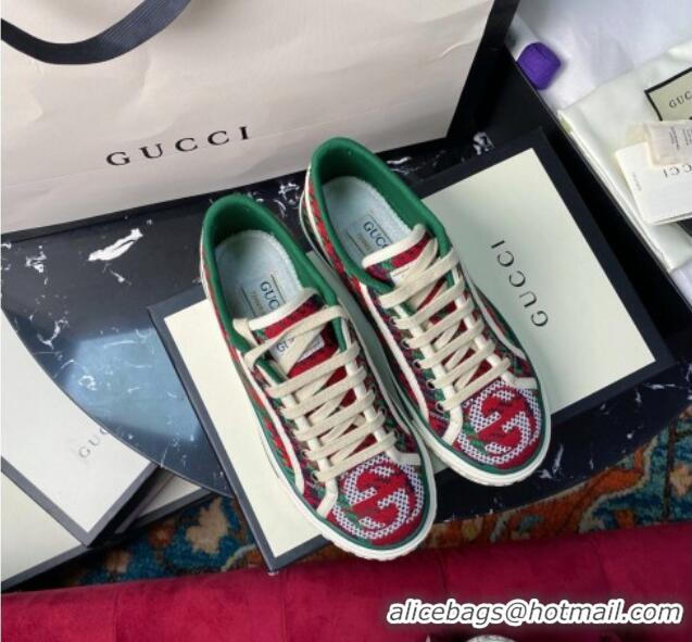 Good Quality Gucci Tennis 1977 High-Top Sneakers in Houndstooth and Stripe Wool Green/Red 