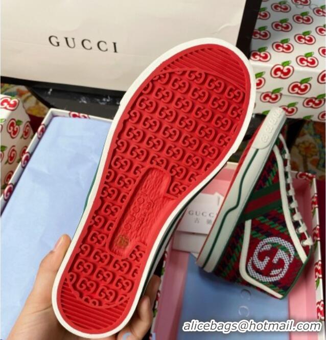 Good Quality Gucci Tennis 1977 High-Top Sneakers in Houndstooth and Stripe Wool Green/Red 