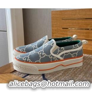 Custom Gucci Tennis 1977 Slip-on Sneakers in GG Canvas 012574 Light Blue/White