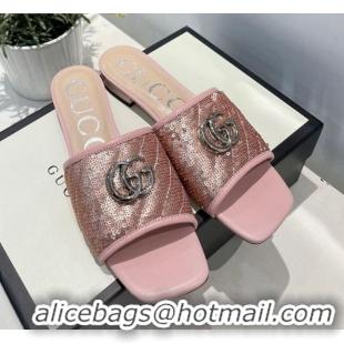 Top Quality Gucci GG Sequins Slide Sandals Pink 012632 2021