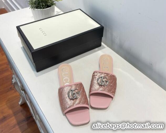 Top Quality Gucci GG Sequins Slide Sandals Pink 012632 2021