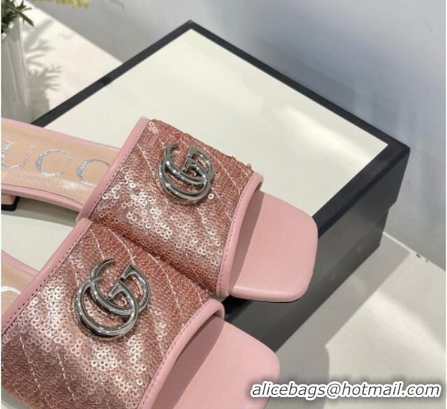 Top Quality Gucci GG Sequins Slide Sandals Pink 012632 2021