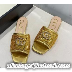 Cute Gucci GG Sequins Slide Sandals 012632 Gold 2021