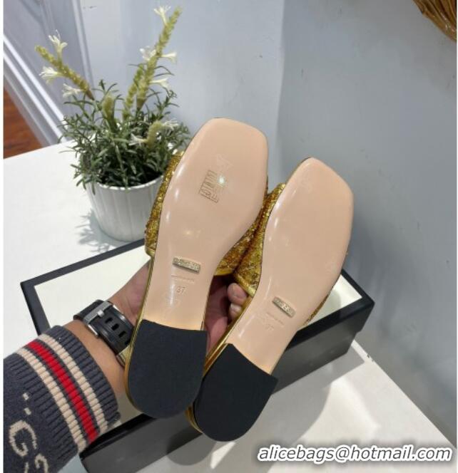 Cute Gucci GG Sequins Slide Sandals 012632 Gold 2021