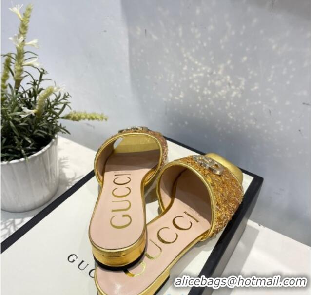 Cute Gucci GG Sequins Slide Sandals 012632 Gold 2021