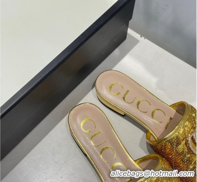 Cute Gucci GG Sequins Slide Sandals 012632 Gold 2021