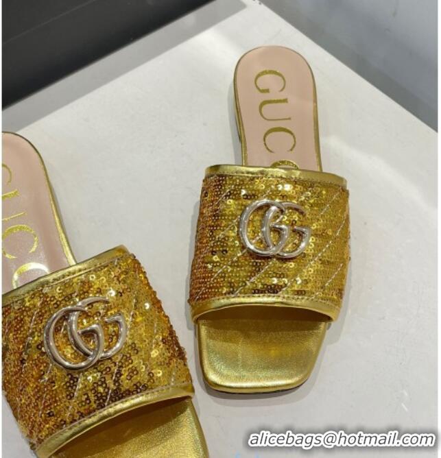 Cute Gucci GG Sequins Slide Sandals 012632 Gold 2021