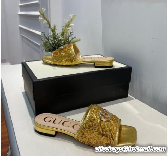 Cute Gucci GG Sequins Slide Sandals 012632 Gold 2021