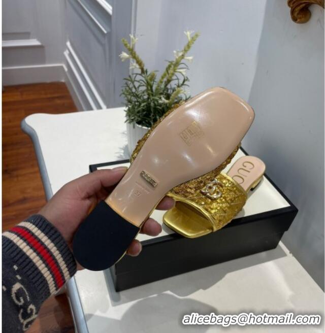 Cute Gucci GG Sequins Slide Sandals 012632 Gold 2021