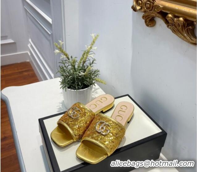 Cute Gucci GG Sequins Slide Sandals 012632 Gold 2021