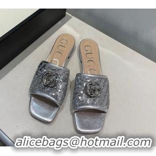 Grade Design Gucci GG Sequins Slide Sandals 012632 Silver 2021