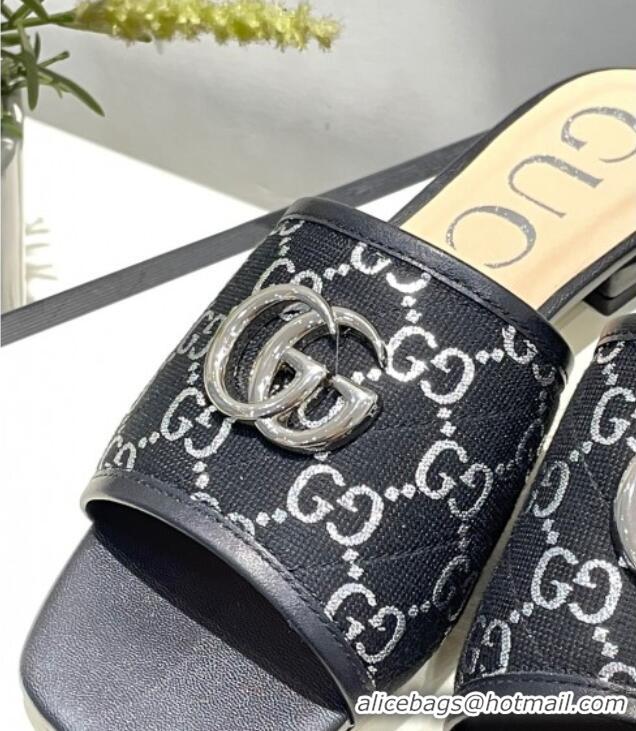 Good Looking Gucci GG Silver Lamé Canvas Slide Sandals 012638 Black 2021