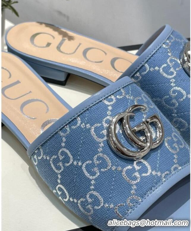 Shop Gucci GG Silver Lamé Canvas Slide Sandals 012638 Blue 2021