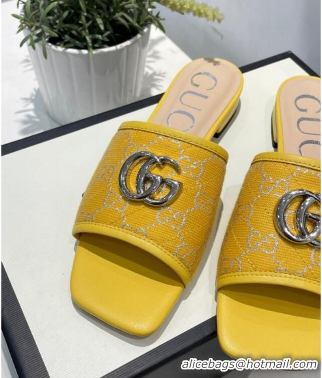 Charming Gucci GG Silver Lamé Canvas Slide Sandals 012638 Yellow 2021