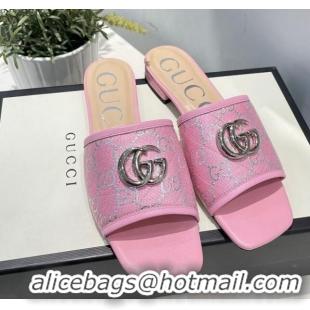 Popular Gucci GG Silver Lamé Canvas Slide Sandals 012638 Pink 2021