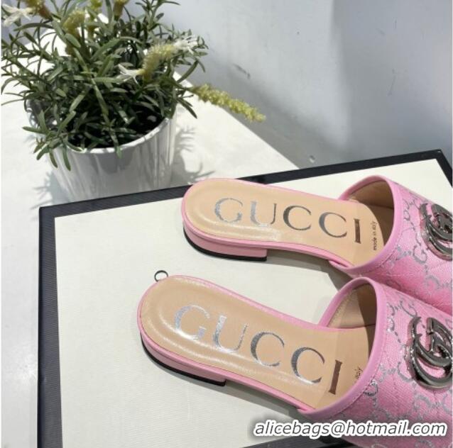 Popular Gucci GG Silver Lamé Canvas Slide Sandals 012638 Pink 2021