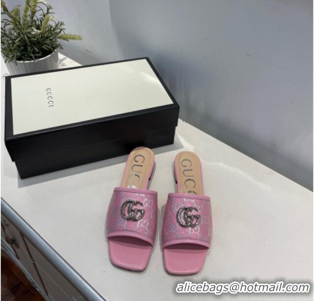 Popular Gucci GG Silver Lamé Canvas Slide Sandals 012638 Pink 2021