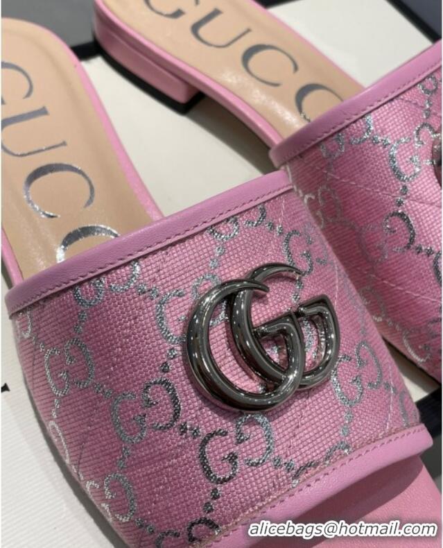 Popular Gucci GG Silver Lamé Canvas Slide Sandals 012638 Pink 2021