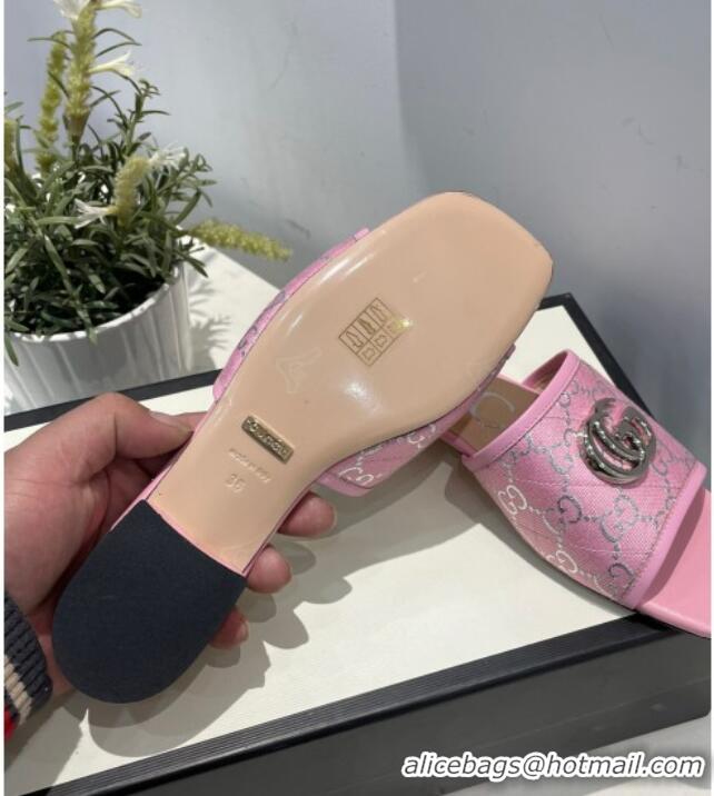 Popular Gucci GG Silver Lamé Canvas Slide Sandals 012638 Pink 2021