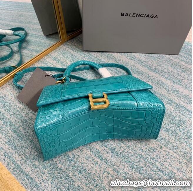 Stylish Balenciaga HOURGLASS SMALL TOP HANDLE BAG crocodile embossed calfskin B108895E light blue