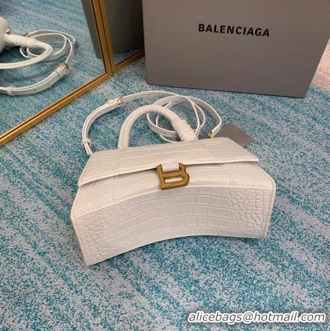 Most Popular Balenciaga HOURGLASS SMALL TOP HANDLE BAG crocodile embossed calfskin B108895E white