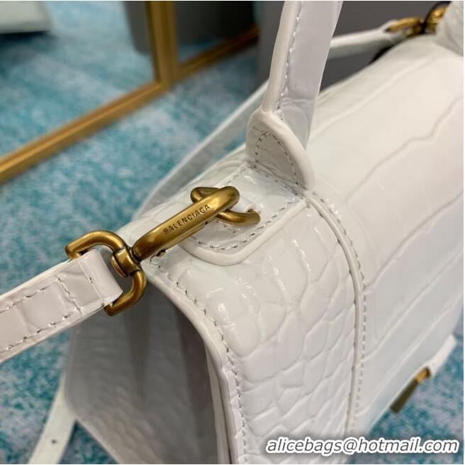 Most Popular Balenciaga HOURGLASS SMALL TOP HANDLE BAG crocodile embossed calfskin B108895E white