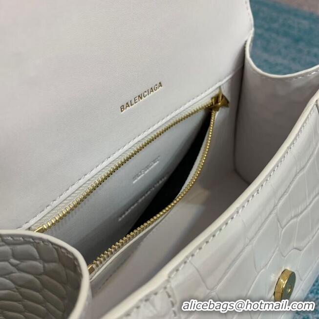 Most Popular Balenciaga HOURGLASS SMALL TOP HANDLE BAG crocodile embossed calfskin B108895E white