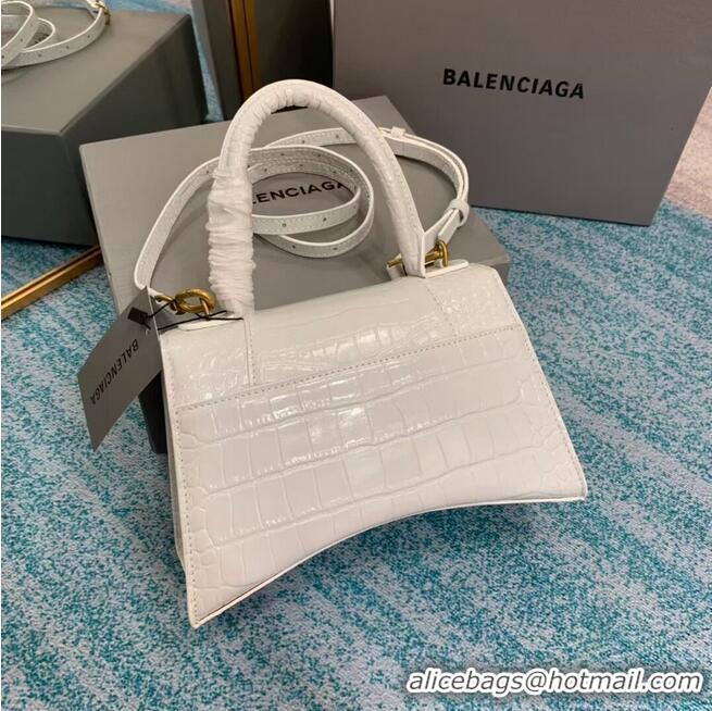 Most Popular Balenciaga HOURGLASS SMALL TOP HANDLE BAG crocodile embossed calfskin B108895E white