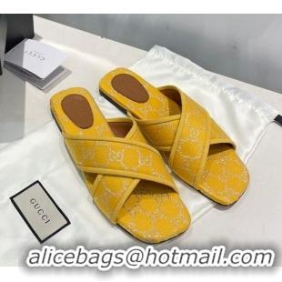 Top Design Gucci Silver Lamé Canvas Cross Slide Sandals 012643 Yellow