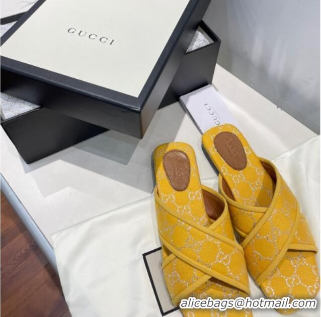 Top Design Gucci Silver Lamé Canvas Cross Slide Sandals 012643 Yellow