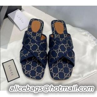 Low Price Gucci Silver Lamé Canvas Cross Slide Sandals 012643 Navy Blue