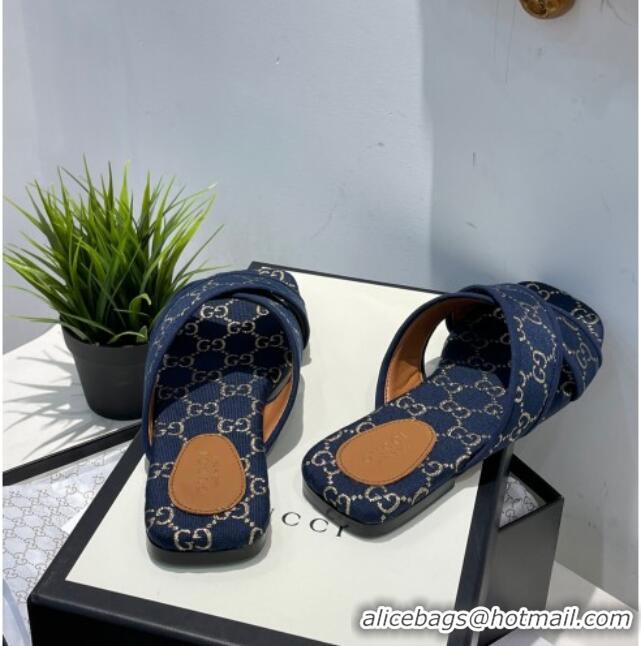 Low Price Gucci Silver Lamé Canvas Cross Slide Sandals 012643 Navy Blue