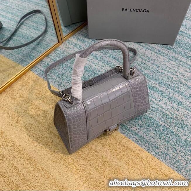 Cheap Price Balenciaga HOURGLASS SMALL TOP HANDLE BAG crocodile embossed calfskin B108895E grey