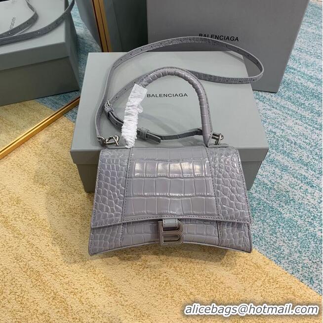 Cheap Price Balenciaga HOURGLASS SMALL TOP HANDLE BAG crocodile embossed calfskin B108895E grey