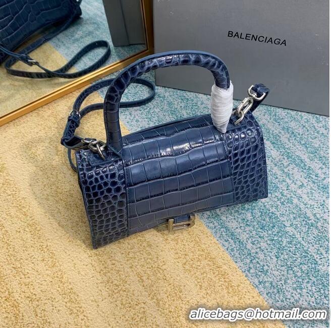 Good Quality Balenciaga HOURGLASS SMALL TOP HANDLE BAG crocodile embossed calfskin B108895E blue