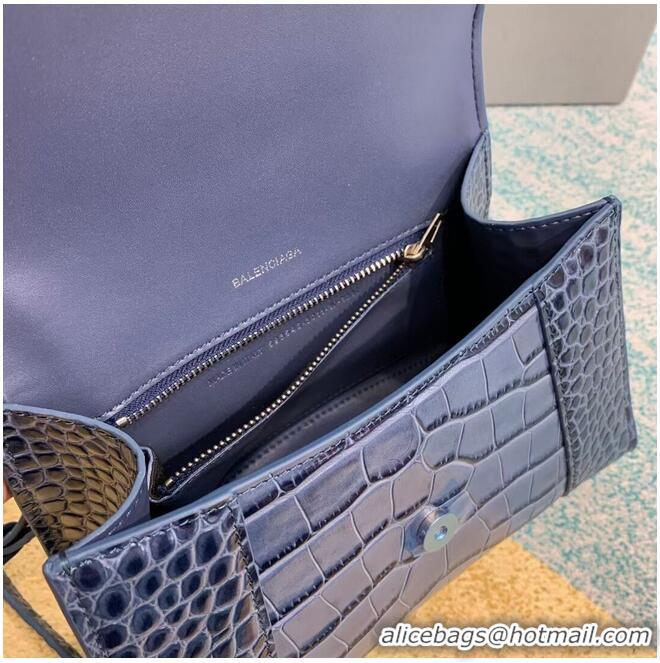 Good Quality Balenciaga HOURGLASS SMALL TOP HANDLE BAG crocodile embossed calfskin B108895E blue