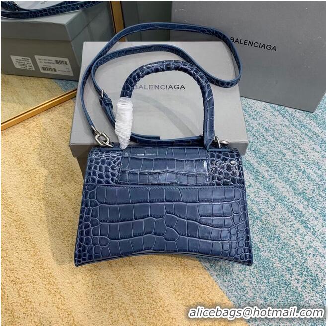 Good Quality Balenciaga HOURGLASS SMALL TOP HANDLE BAG crocodile embossed calfskin B108895E blue