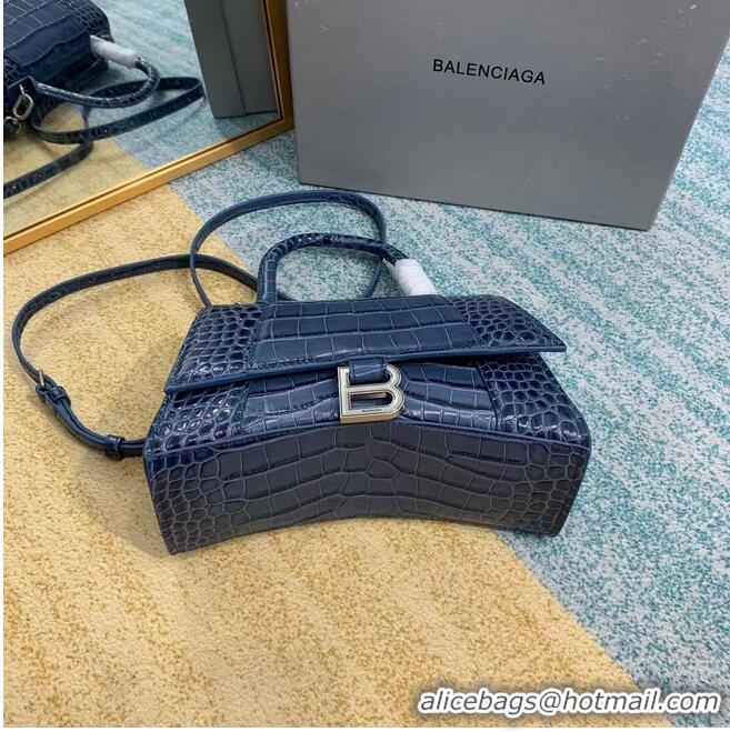 Good Quality Balenciaga HOURGLASS SMALL TOP HANDLE BAG crocodile embossed calfskin B108895E blue